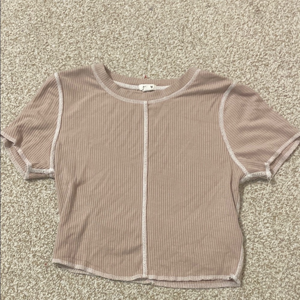 Garage Tan Ribbed Fitted Crop T-Shirt